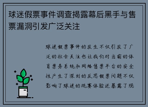 球迷假票事件调查揭露幕后黑手与售票漏洞引发广泛关注
